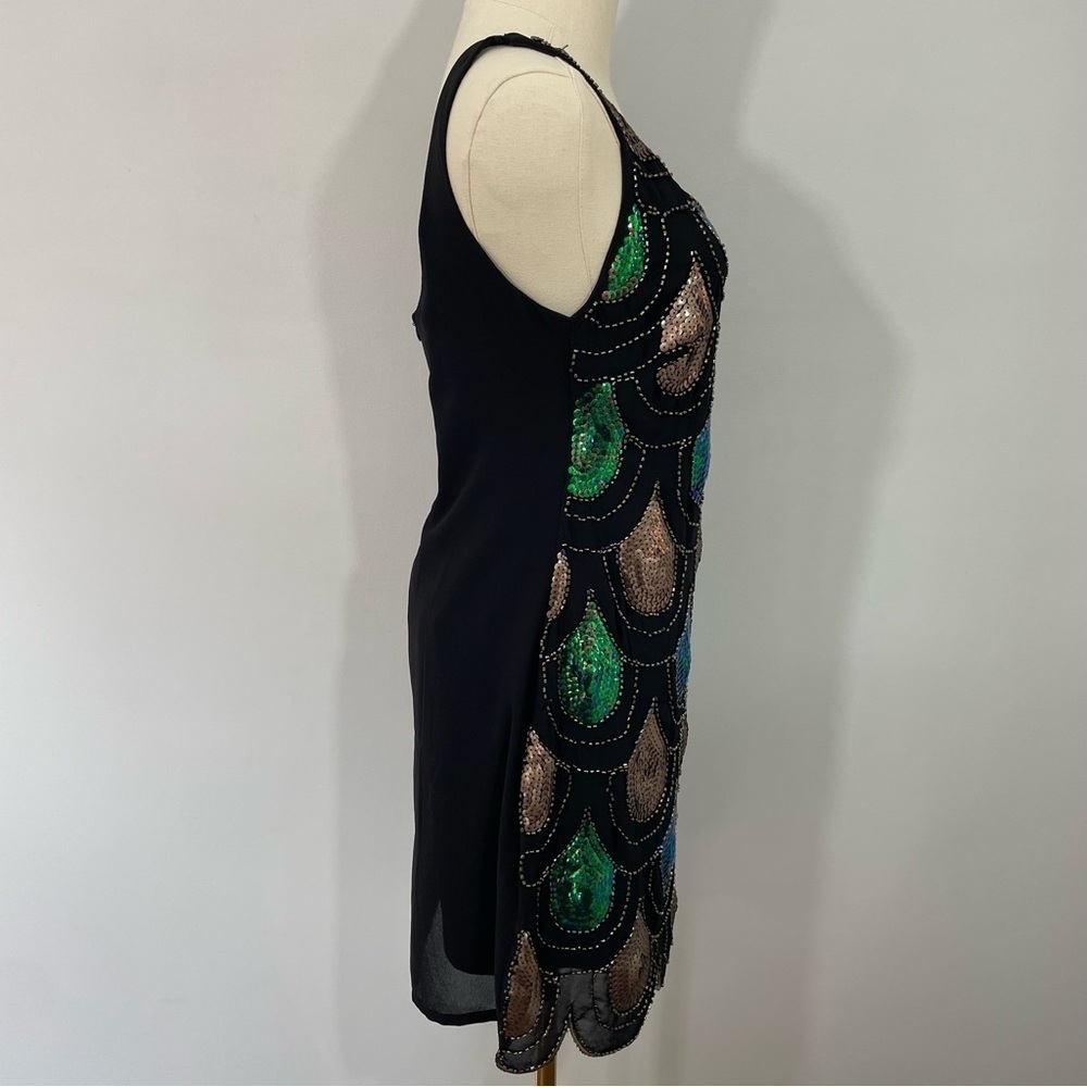 Papillon Sequin Cocktail Dress Sz S Black Green Peacock LBD Party Event Sexy GUC - Picture 6 of 12